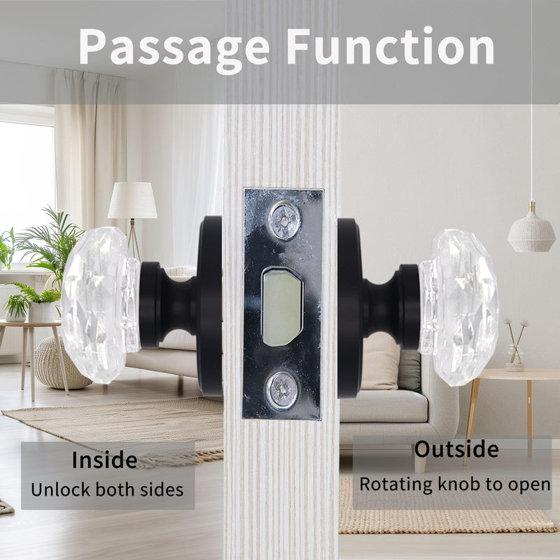 Crystal Door Knobs 1 Pack, Passage Glass Door Handles Interior Levers Black Antique Clear for Bedroom Study Laundry Room Entrance Hall, Stain Decorative
