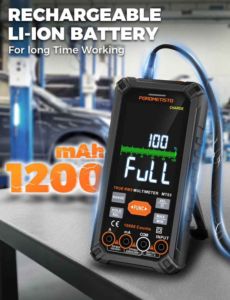 Smart Digital Multimeter Auto-Ranging,10000 Counts True-RMS | POROMETISTO Rechargeable Voltmeter Multimeter with NCV & Capacitance Check,Dual Fuse Electric Tester for HVAC & Automotive MT03