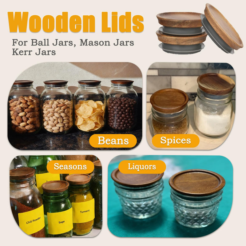 QTLCOHD 12 Pack Regular Mouth Mason Jar Lids | Acacia Wooden Storage Canning Lids with Airtight Silicone Seal for Ball Mason Kerr Jars