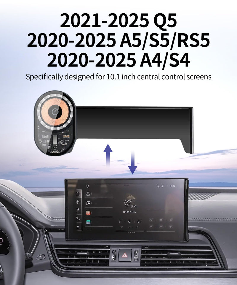 Wireless Charging car Phone Holder for Audi Q5 2021-2025/A5/S5/RS5 2020-2025/A4/S4 2020-2025 Accessories 10.1 inch Screen Fixed Clip,360° Rotation car Phone Mount Compatible with MagSafe 10.1-inch for 21-25 Q5/ 20-25 A5/S5/RS5A4/S4