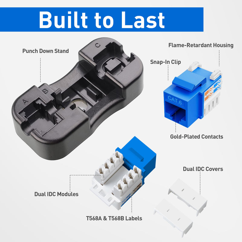 10Gbps Cat6 Keystone Jacks 25-Pack, RJ45 Keystone Jack, Ethernet Keystone Jack in Blue with Punch-Down Tool and Punch-Down Stand for Wall Plate