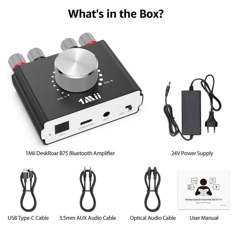 1Mii DeskRoar B75 Mini Bluetooth 6.0 Amplifier, 2.0 Channel 50W×2 HiFi Amp | USB/Optical/AUX IN, Home Audio Digital Stereo Receiver for TV/PC/Bookshelf/Desktop Speakers, 24V Power Supply