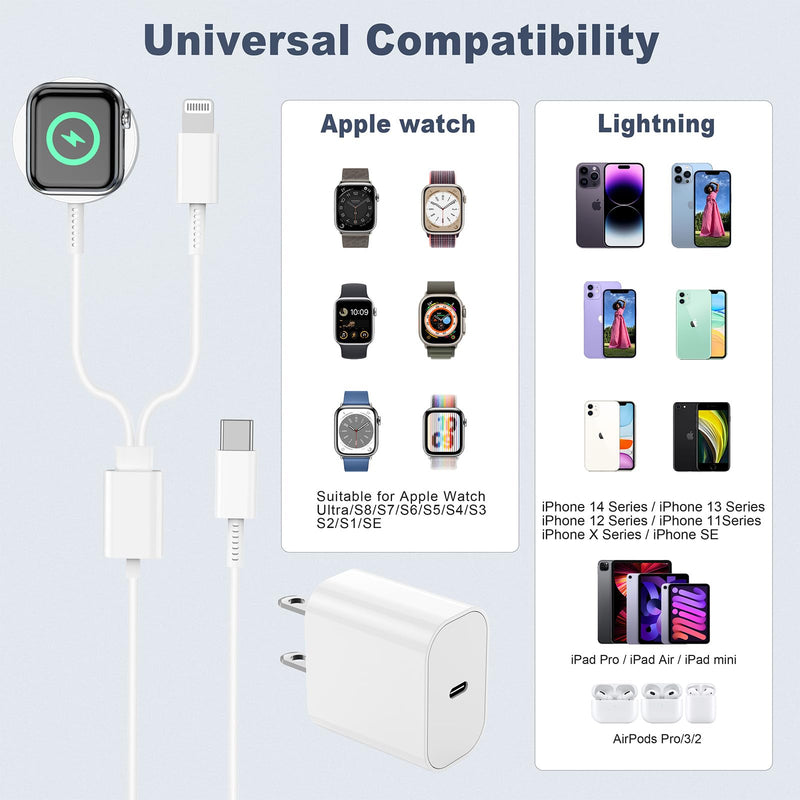 𝟐𝟎𝟐𝟒 𝐔𝐩𝐠𝐫𝐚𝐝𝐞𝐝 Apple Watch Charger,2-in-1 USB C Charger for iWatch & iPhone,6FT Fast Charging Cable with 20W Fast Wall Charger for Apple Watch Series 8/7/6/5/SE & iPhone14/13/12/AirPods 6 FT White 1