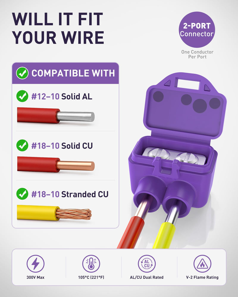 2-Port Aluminum-to-Copper Wire Connectors, 10 Pack Screw Terminal Electrical Wire Connectors, Pre-Filled with Oxide Inhibitor for Solid & Stranded Wires, Residential & Industrial Wiring