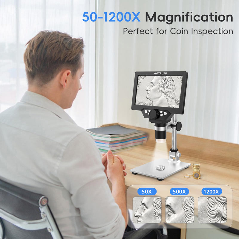 7" LCD Digital Microscope 1200X Magnification, 1080P Coin Microscope with Metal Stand | 8 LED Lights & Ultra-Precise Focus | Coin, Stamp, Windows/Mac Compatible