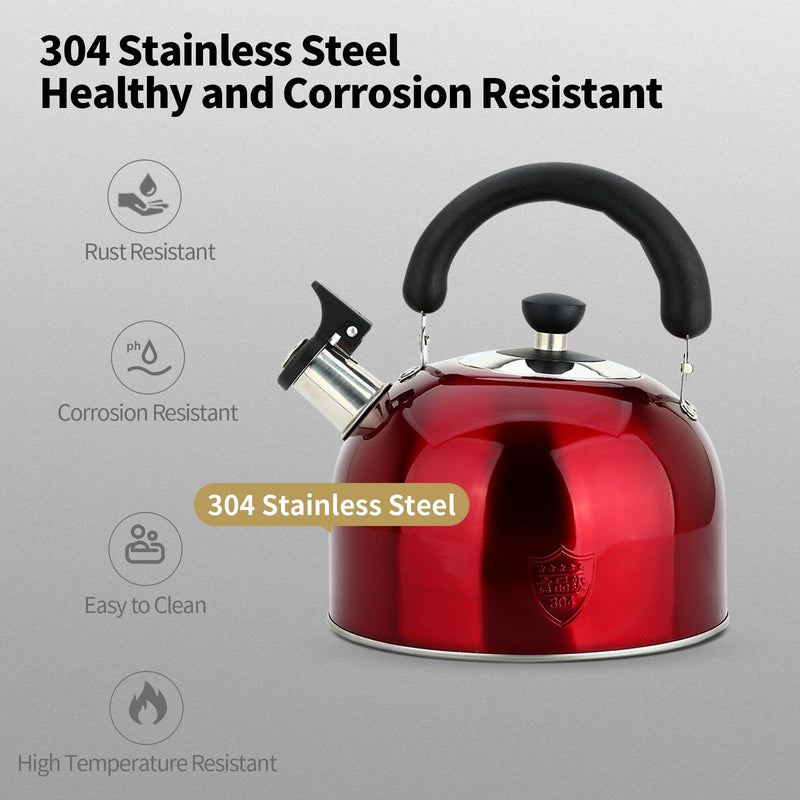 3.75 Quart/4L Whistling Tea Kettle,Stainless Steel Teakettle Teapot for Stovetop,Vintage Tea Kettles with Touch Ergonomic Handle(Red) 3.8 Quarts