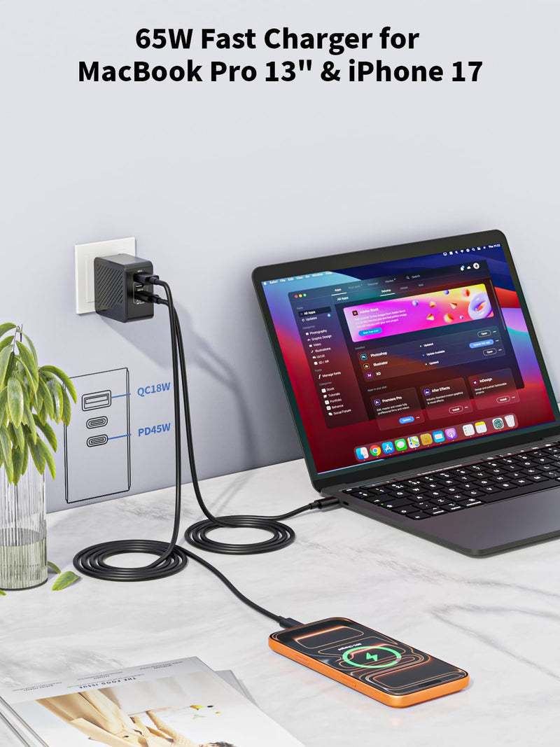 65W USB C Charger Block,3Port Fast MacBook Charger USB C with UK/EU/AU Plug | 2Pack 6.6FT USB C Cable with EU/UK/AU Travel Plug 65W Type C Charger Fast Charging for MacBook Pro/Air, iPhone 17/16/15, iPad