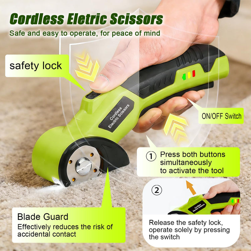 Cordless Electric Scissors, 4V Rechargeable Rotary Cardboard Cutter, 2 Blades, Safety Lock & LED Light, Multipurpose Cutter for Carton, Fabric, Carpet, Plastic, Leather