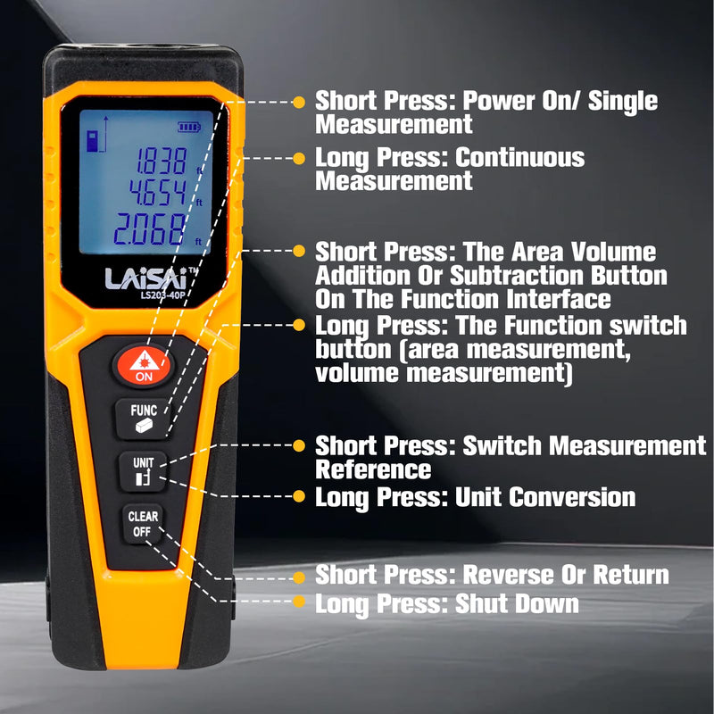 Laser Measure, Laser Distance Measuring Tool, M/in/Ft Unit Switching Backlit LCD and 2 × AAA Batteries, 130 FT Distance Accurate and Fast Measurement Laser:Class IIIA, 0.9mW -1.0MW