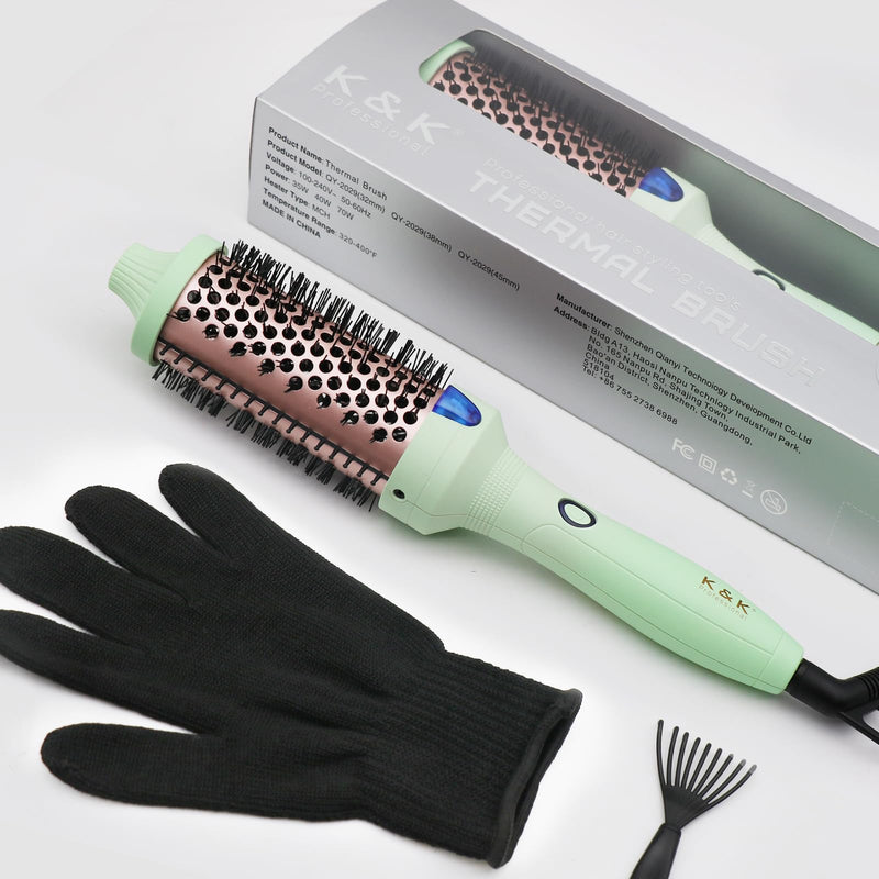 K&K Thermal Brush, 45 mm Heated Round Brush, Professional Heated Curling Ceramic Tourmaline Ionic Curling Iron, Hot Styling Volumizing Comb, Dual Voltage Green