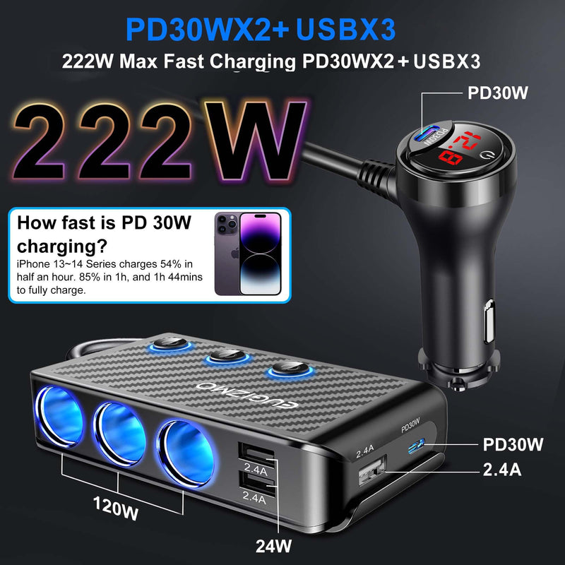 Cigarette Lighter Splitter Adapter, 222W 3 Socket Car Cigarette Lighter Plug Splitter USB Charger Multi Port 12V Car Plug Outlet Splitter with LED Voltage Display Independent Switches