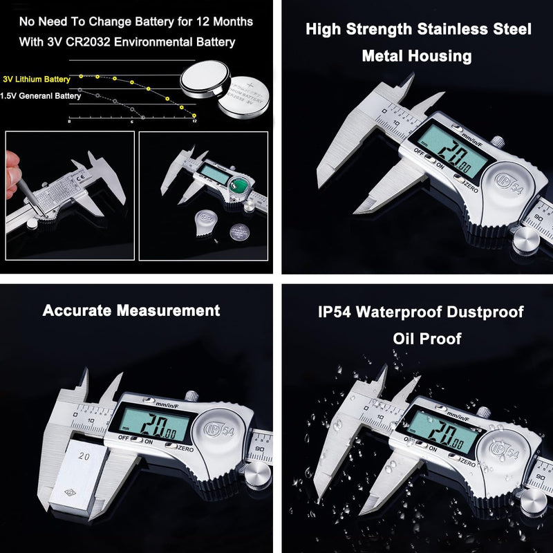 Kynup Digital Caliper, Caliper Measuring Tool Outside Micrometer, Vernier Dial Caliper, 6 Inch Caliper DIY Tool, Stainless Steel, IP54 Splash Proof, Inch Metric Fraction Switch, Large LCD Screen Silver 150mm