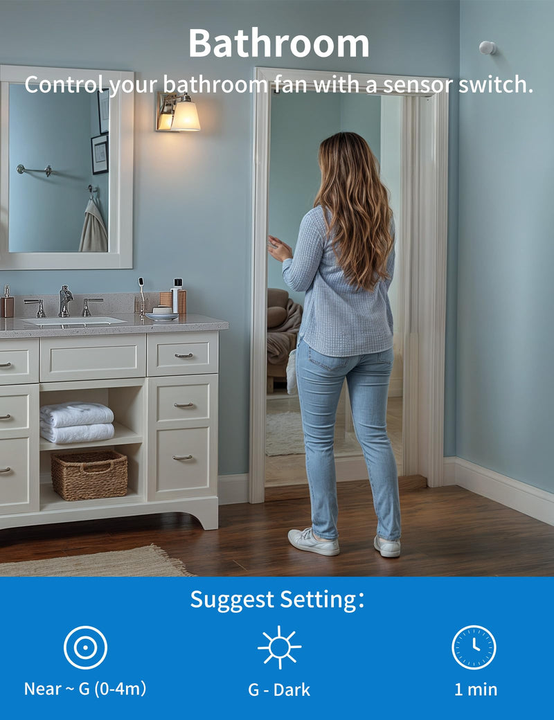 Wireless Motion Sensor Switch Kit with Split Sensor & Switch, PIR Motion Activated Power Switch with Timer, Indoor Motion Detector for Lights & Exhaust Fan (110V-120V) of Bathroom, Garage 1 Sensor + 1 Switch