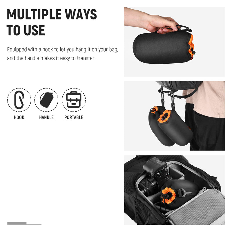 NEEWER Camera Lens Pouch (4 Packs, 4 Sizes) Thick Protective Bag with Drawstring Design, Orange Interior, Soft Plush Neoprene Bag for Sony, Canon, Nikon, Pentax, Olympus, Panasonic DSLR Lens