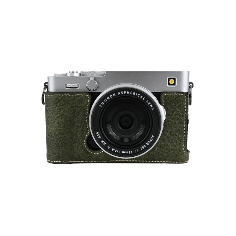 X-E5 Case, Handmade PU Leather Half Camera Case Bag Cover Bottom Opening Version for Fujifilm X-E5 XE5 With Neck Strap Lens Cover (Green) Green