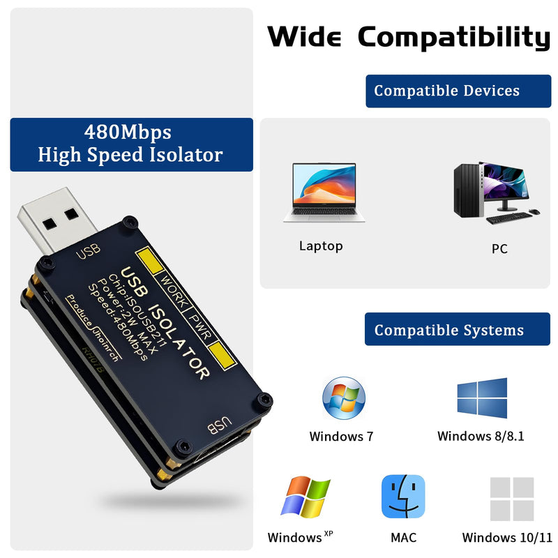 USB 2.0 480Mbps High Speed Isolator Supports 5000Vrms Signal Isolation and 1500V Voltage Isolation