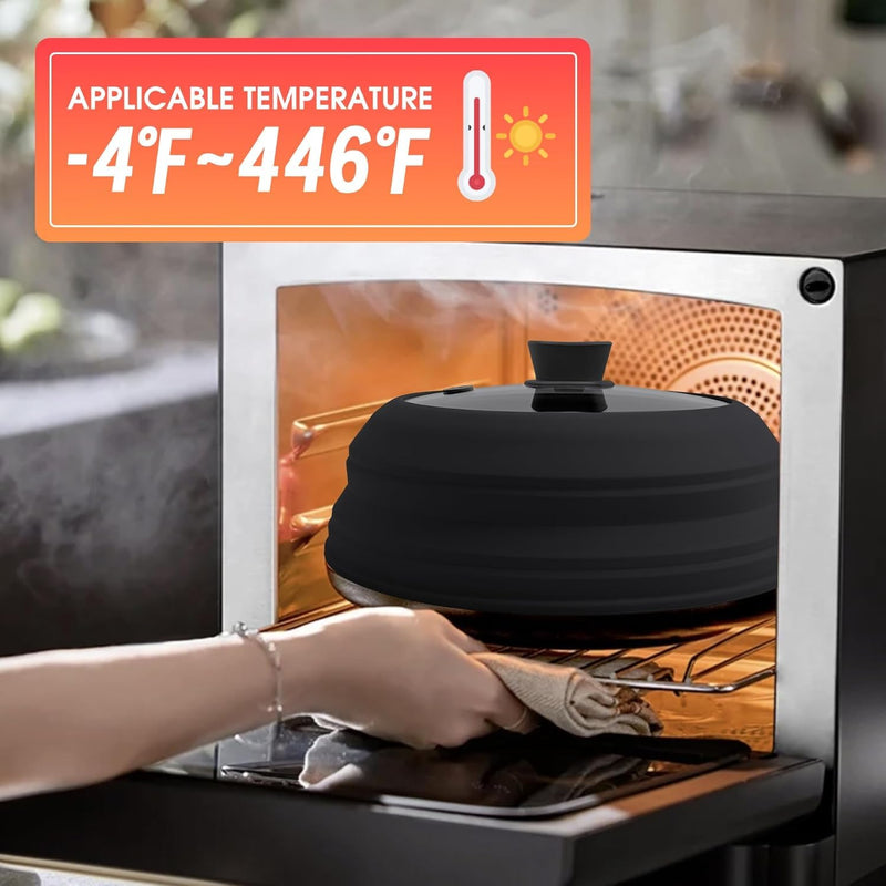 11.8 Inch Silicone & Glass Microwave Splatter Cover, Non-Plastic Collapsible Vented Microwave Food Cover With Heat Resistant Handle, Universal Fit Plates and Bowls, Black