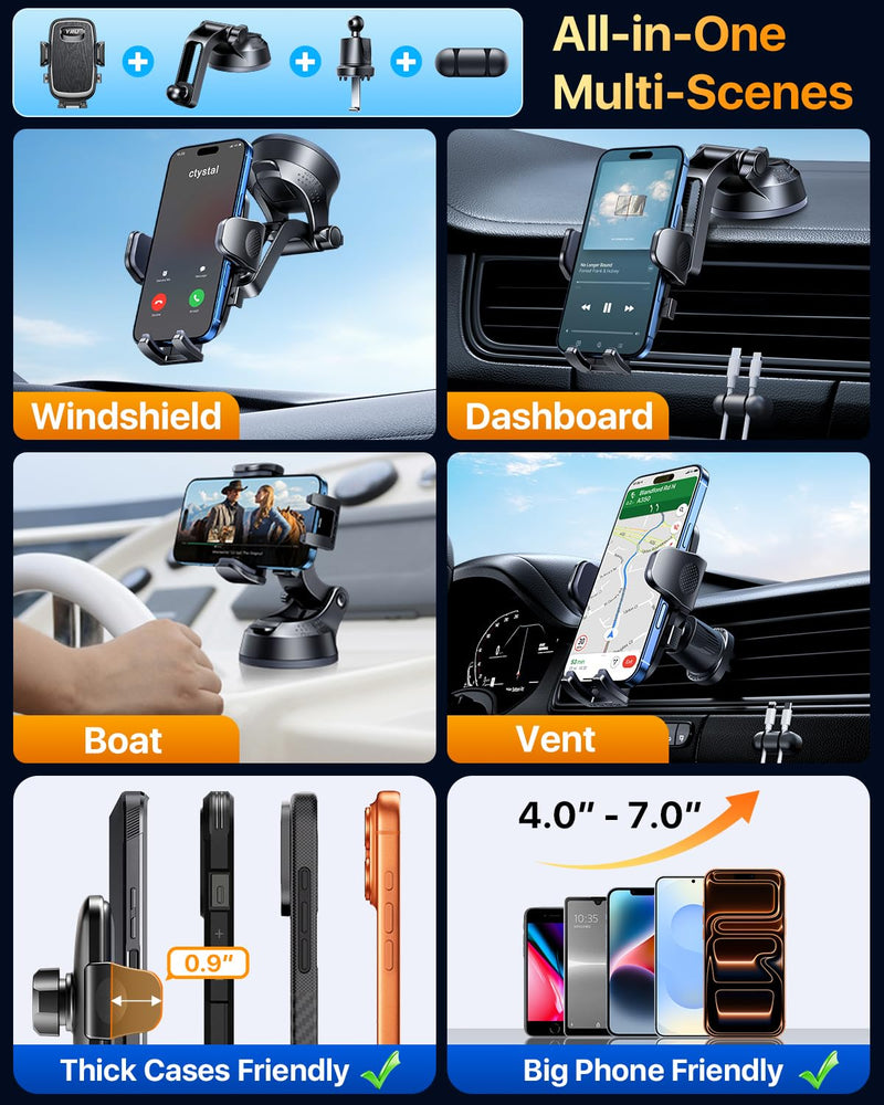 YRU 2026【100+LBS Suction & Flexible Low-Profile Arm】 Car Phone Holder Mount | 【Newest Upgrade Military-Grade & Safety Cert】360°Rotate Dash Windshield Vent Truck Cradle for iPhone17 16 Pro Max, Dark Black