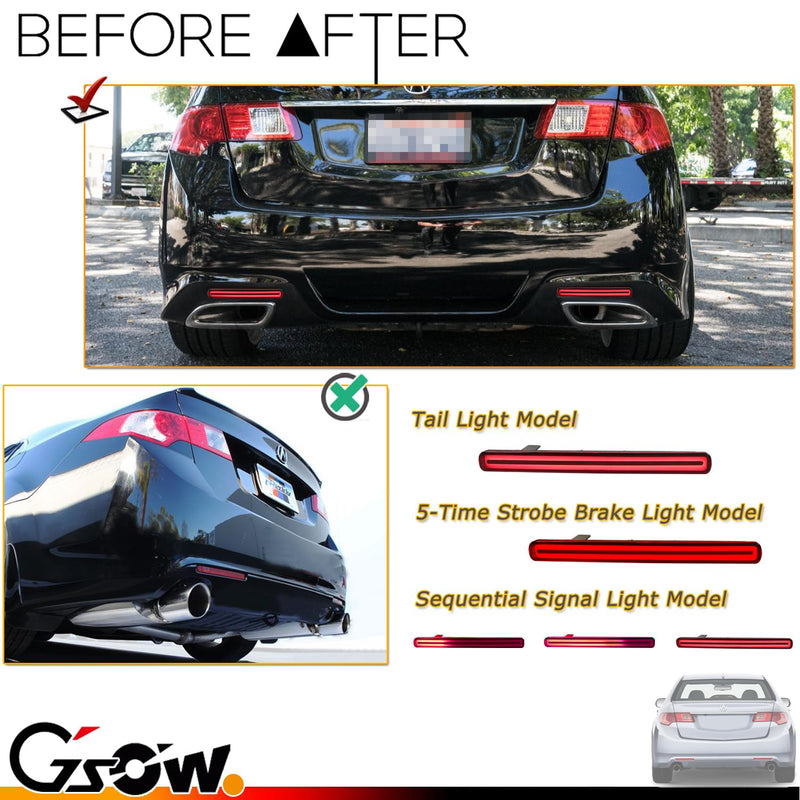 Upgraded 2 PCS [Sequential Dynamic Switchback] Led Rear Bumper Reflector Light for Acura TSX 2009-2014 (Euro Accord), with [5-Times Strobe Brake Flash Light] Red Lens Tail Fog Light