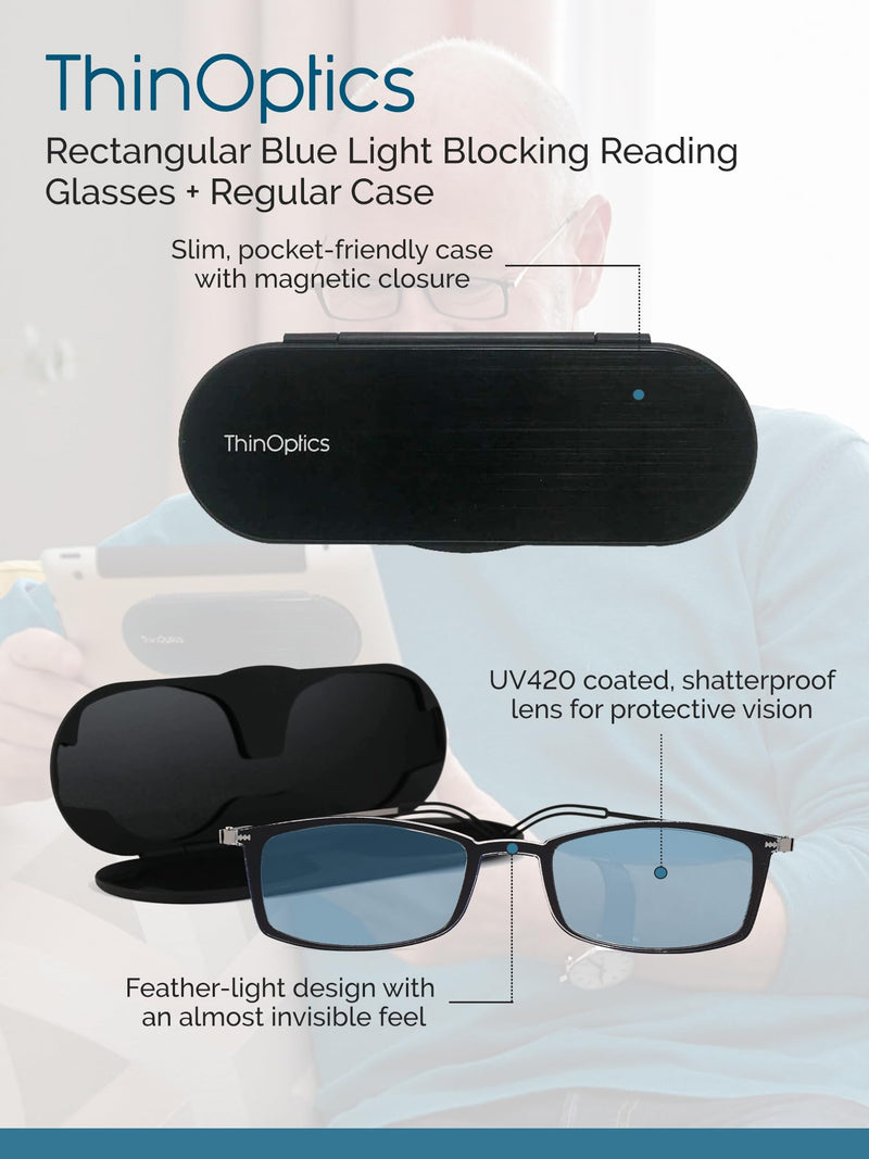 by ThinOptics Ultra-Thin Blue Light Blocking Reading Glasses with Case - Readers for Computers & Screens Rectangular / Black 1.5 x