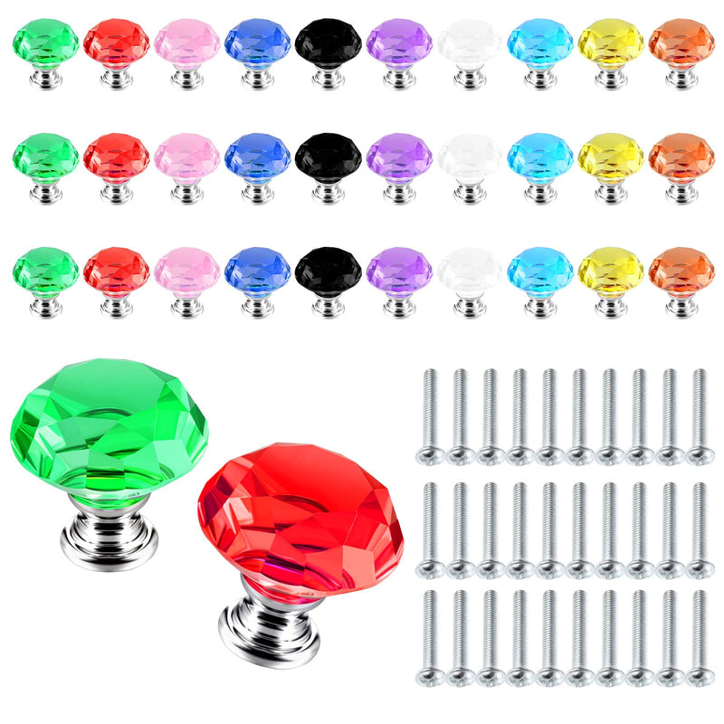 30 Pcs Colorful Crystal Drawer Knobs, 30mm Glass Dresser Knobs Cabinet Diamond Shape Pulls Handle for Wardrobe, Kitchen, Bathroom, Cupboard(10 Colors)