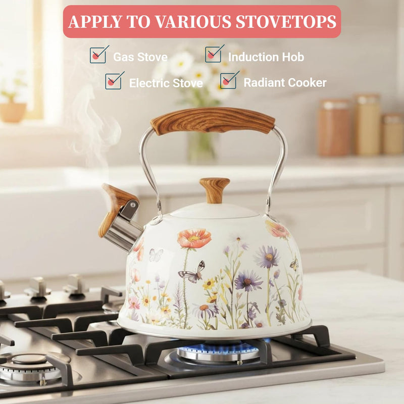 Tea Kettle for Stove Top, 2.7 Quart Whistling Kettle with Floral Pattern for Boiling Water Coffee or Milk, Stainless Steel Tea Pots with Wood Pattern Folding Handle, Work for All Stovetops White and Purple