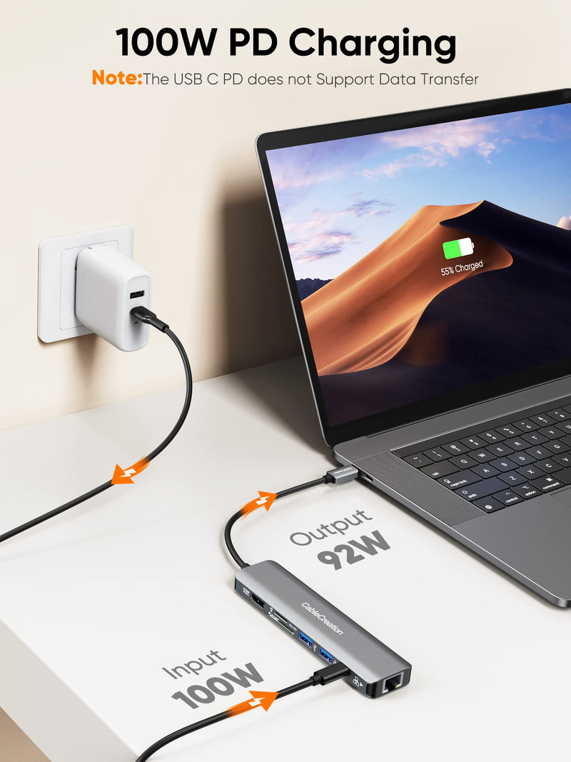 USB C Hub 4K 60Hz, CableCreation 7-in-1 USB-C Hub Multiport Adapter with 1Gbps Ethernet, HDMI, 2 USB 3.0 Ports, 100W PD and SD/TF Cards Reader, Compatible with Steam Deck MacBook Pro/Air, iPad Pro 4K/60Hz 7 in 1