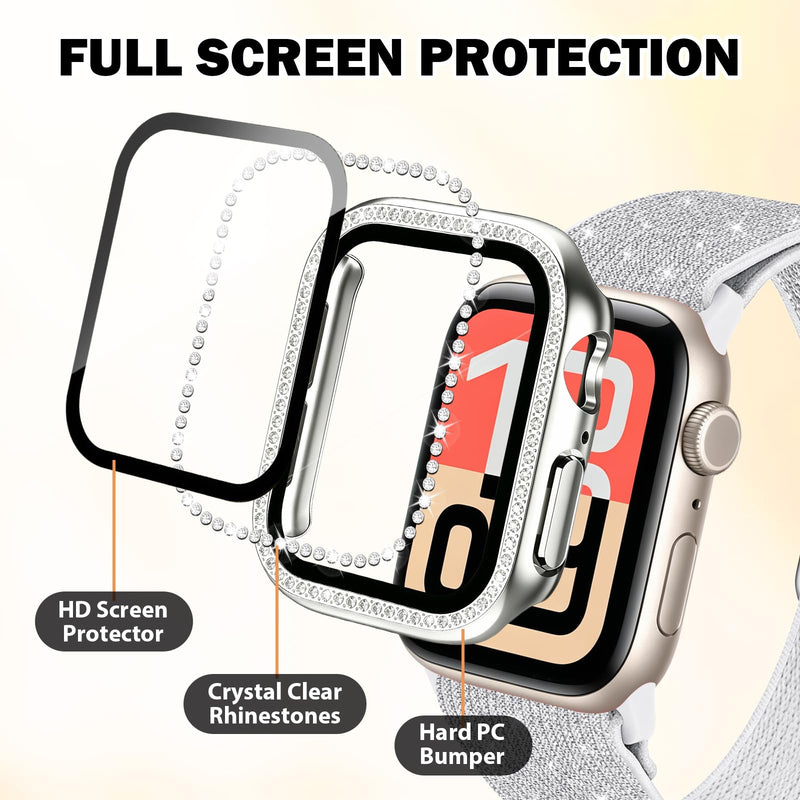 Bling Rhinestone Screen Protector Case Band for Apple Watch S11/10/SE/Ultra | riwoauoo 3-in-1 Glitter Diamond Hard PC Cover Built-inTempered Glass Film Nylon Sport Strap Women for iWatch 40/44/42/46/49mm Silver 40mm for SE 3/SE 2/SE/6/5/4