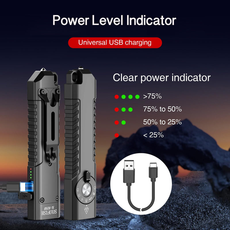 Solofish 1400-Lumen Aluminum EDC Flashlight with UV，Green Light and 140-Lumen White LED Combo (5-in-1), Portable Pocket Light with Strobe/Window Breaker, Rechargeable