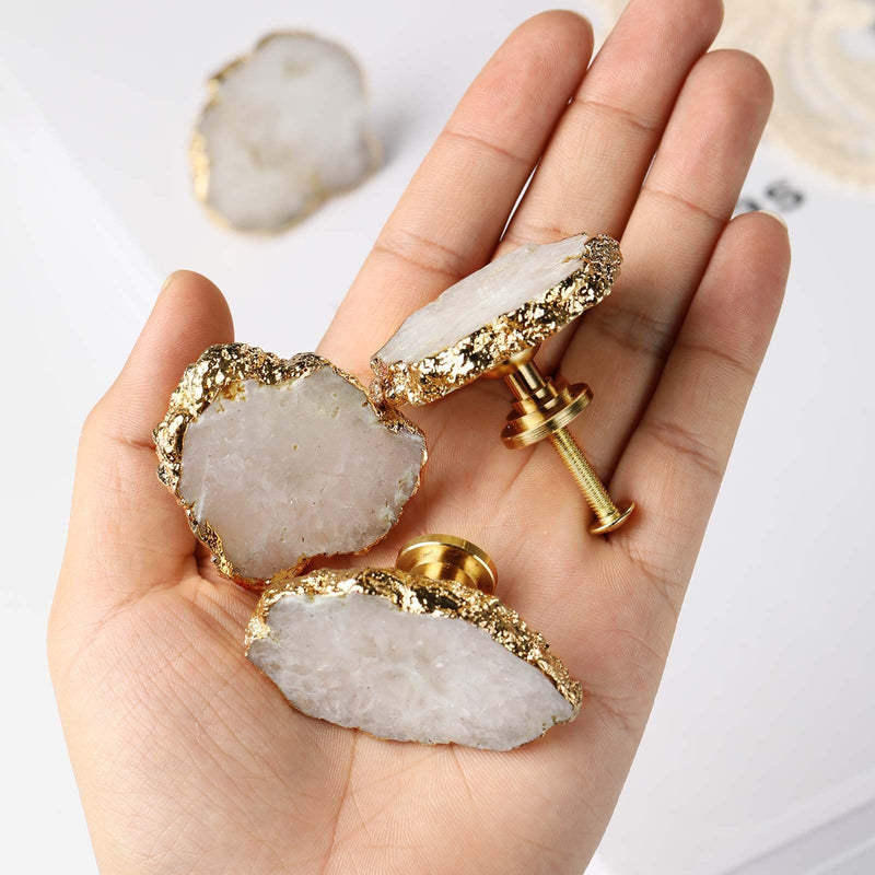 White Geode Cabinet Knobs Crystal Stone Drawer Knobs Handles Decorative Gold Plated Gemstone Cupboard Pulls for Home Office Decor 4 Pack