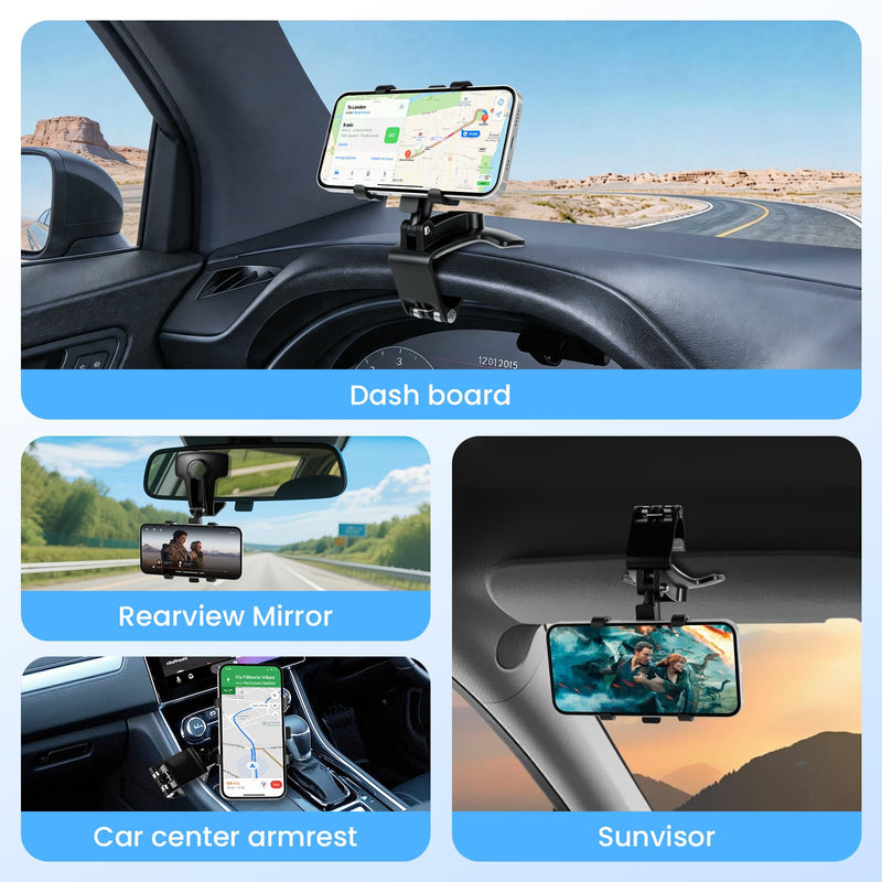 Car Phone Holder Mount Dashboard Rearview Mirror Sun Visor 360 Degree Rotation Multifunctional Adjustable Spring Clip Car Universal Phone Mount for 4-7 inch Cellphone