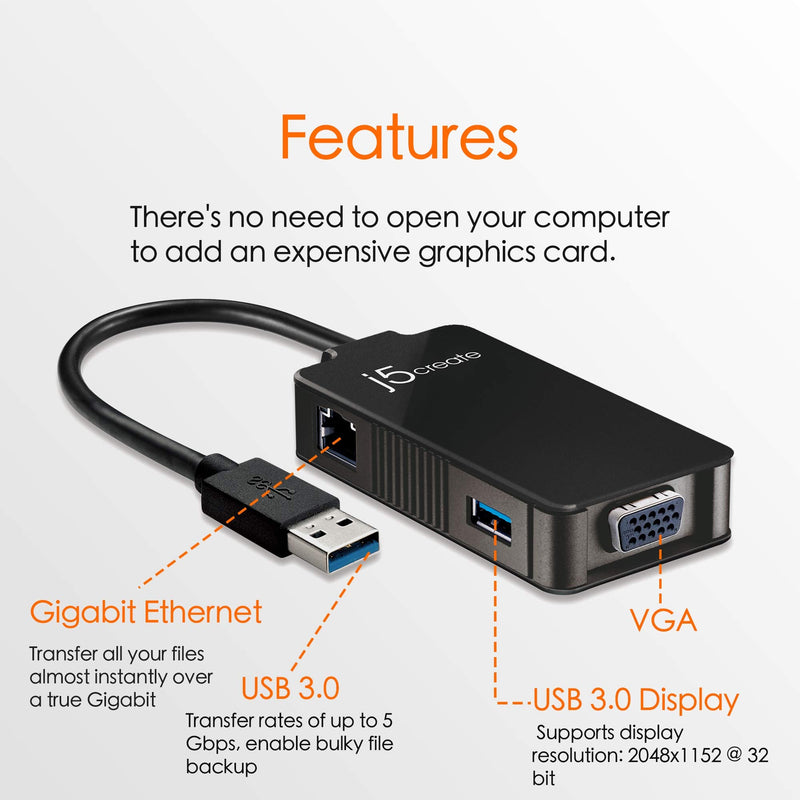 j5create USB to VGA Adapter- USB 3.0/2.0 & Gigabit Ethernet Multi Monitor Display Hub | External Graphics Card Converter | 5 Gbps Transfer Speed | 1080p HD Video Playback | 2048 x 1152 @ 32 bit