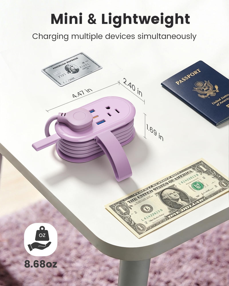 PD 20W Travel Power Strip 4 AC Outlets, 2 USB-A & 1 USB-C Ports | 4.6FT Wrapped Travel Extension Cord with Flat Plug, Cruise Approved Power Strip for Travel Hotel, No Surge Protection, Purple