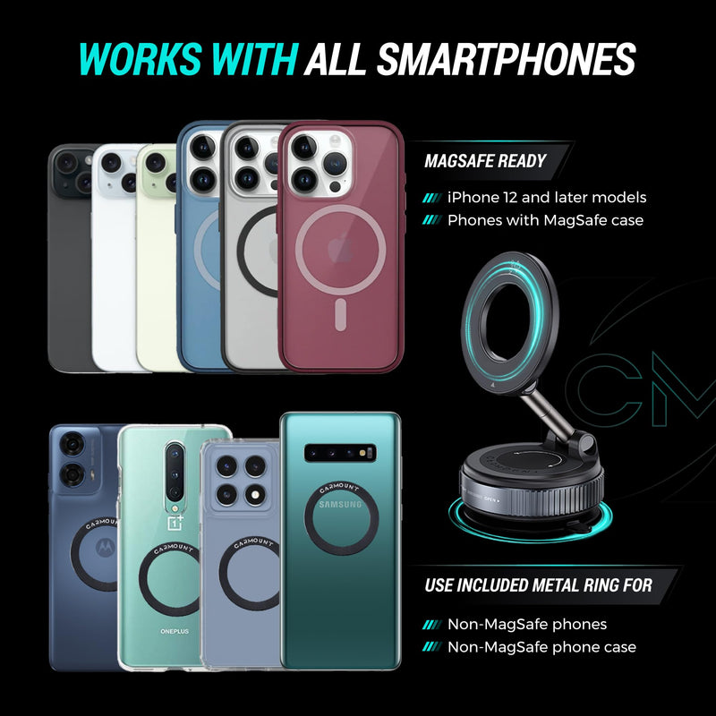 Clutch-X™ Black – Vacuum Phone Mount Suction Cup Car Phone Holder for iPhone, Window Phone Mount for Travel, 360° Vacuum Magnetic Phone Holder for Car, Magnetic Phone Holder with Suction Cup