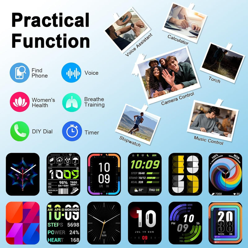 Smart Watch for Men Women, 1.91" HD Touch Screen Smart Watch Answer/Make Calls, Fitness Watch with Heart Rate/Sleep Monitor,100+ Sport Modes Fitness Tracker, IP68 Waterproof Smartwatch for Android iOS Black
