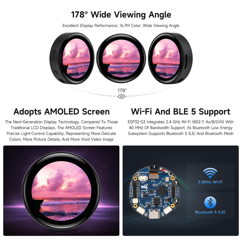 Waveshare ESP32-S3 1.43inch AMOLED Display Development Board, 466×466, QSPI Interface Round Display, Onboard Accelerometer and Gyroscope Sensor, RTC Chip, Without Case