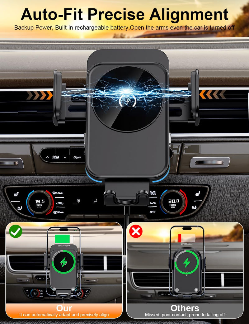 Wireless Car Charger, 15W Car Phone Holder Charger for iPhone 17 16 Series | Auto Clamping & Alignment, 360° Rotation Hand Free Phone Holders for Your Car Dashboard Windshield Air Vent Car Accessories Black