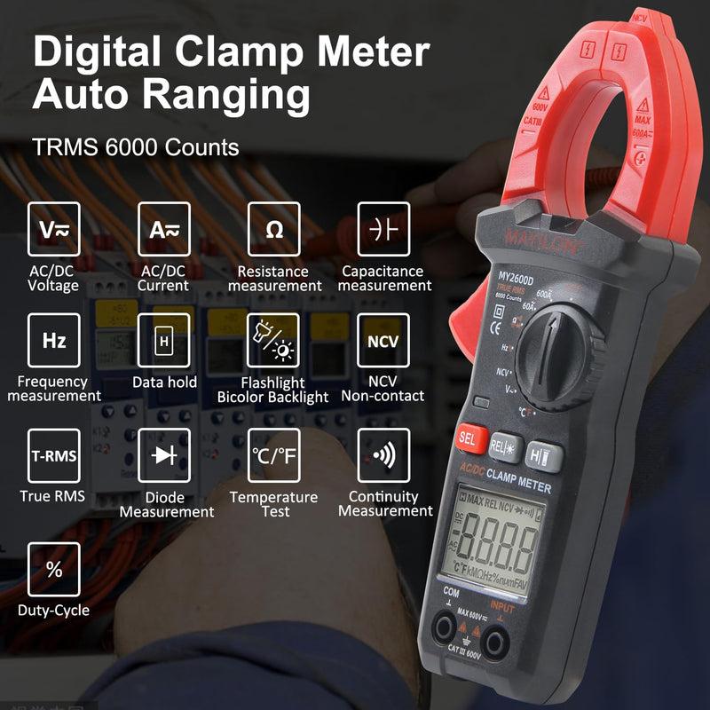 Digital Clamp Meter, Multimeter 6000Counts Volt Meter Auto-ranging Measures AC/DC Amp Clamp, NCV Non Contact Check Function (MAYILON MY2600D) 6000 Counts AC/DC Current