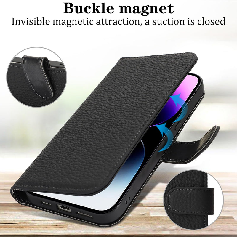 SailorTech Case for iPhone 14 Pro Max Genuine Leather with Wallet Card Slot, Flip Folio Book with Kickstand Magnetic Leather Protective Shockproof Phone Cover for iPhone 14 Pro Max Purse Case- Black lzwzpdg-Black