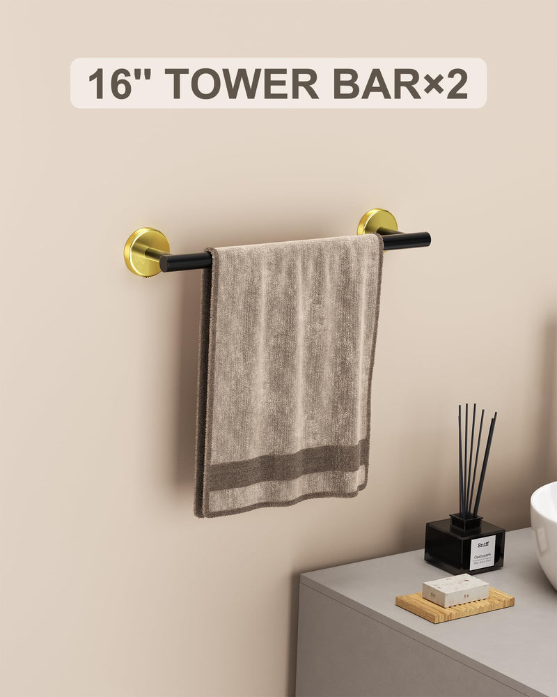 Bathroom Hardware Set 10 Pieces,Towel Bar Set Bathroom Accessories with 16'' Towel Bar Towel Ring Toilet Paper Holder and Towel Hooks Black Gold