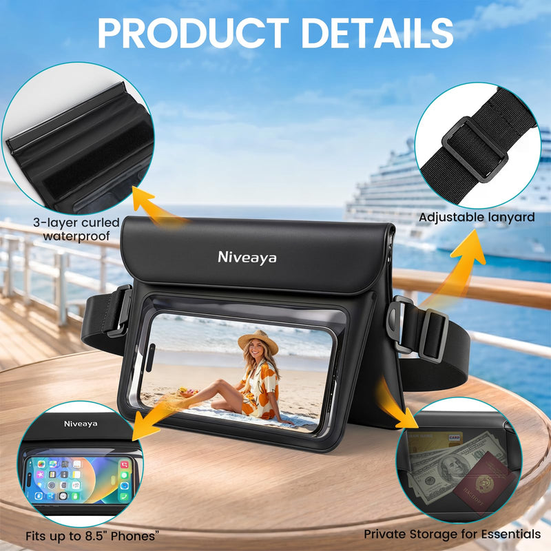 Niveaya Double Space Waterproof Fanny Pack, IPX8 Waterproof Dry Bag Waist Pouch for Beach, Kayaking, Swimming, Boat Travel Essentials, Waterproof Phone Bag & Passport Holder for Women Men(2 Pack) Black+Blue
