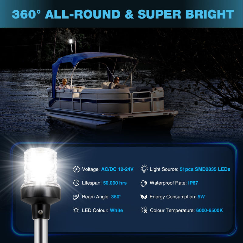 12 Inches Anchor Light Boat Stern Light Waterproof IP67, White Fold Down Marine Navigation Lights for Boats LED for Pontoon, Jon Boat and Bass Boats (12-24V) 12 Inches
