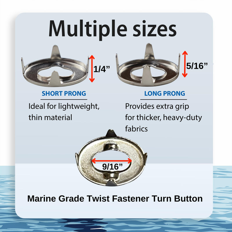 EZ-Xtend Fasteners Marine Grade, Twist Fastener Turn Button Eyelet for Canvas with Clinch Plate, Flex Washer (Long Prong - 10 PK) Long Prong - 10 PK