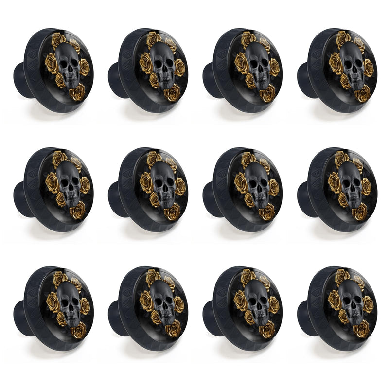 12 Pack Gothic Black Skull Golden Roses Cabinet Knobs for Kitchen | Drawer Pulls Round Dresser Handles Hardware for Desk Cupboard Wardrobe Closet Vanity Door Bathroom Decor 12PCS - 1.37"L x 1.1"W Gothic Black Skull with Gold Roses