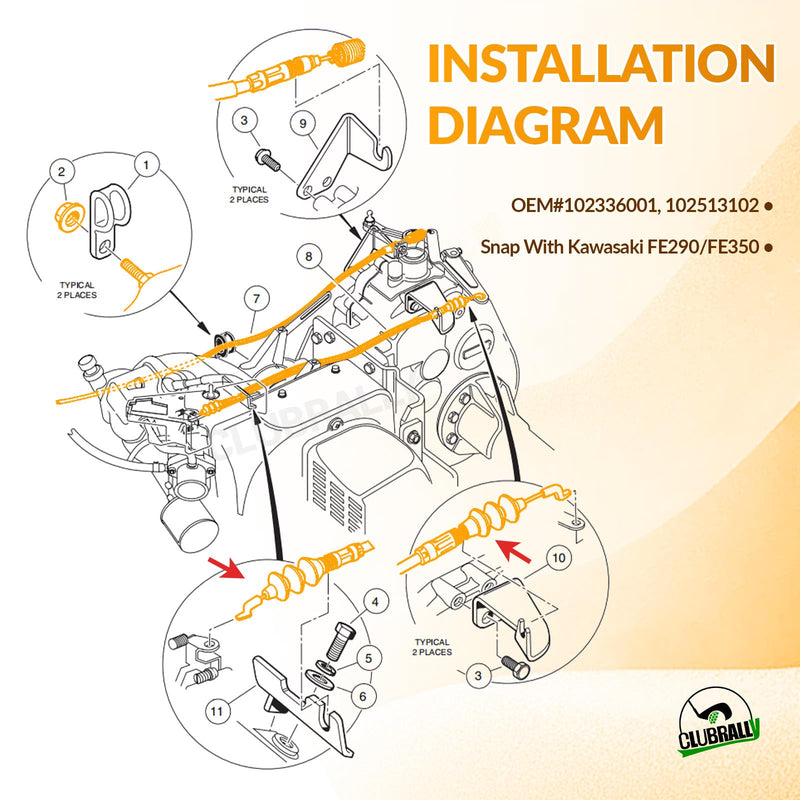 Club Car Precedent Gas Golf Cart Governor & Accelerator Throttle Cable Snap in Kawasaki FE290/FE350 2004-2011, OEM#102336001, 102513102