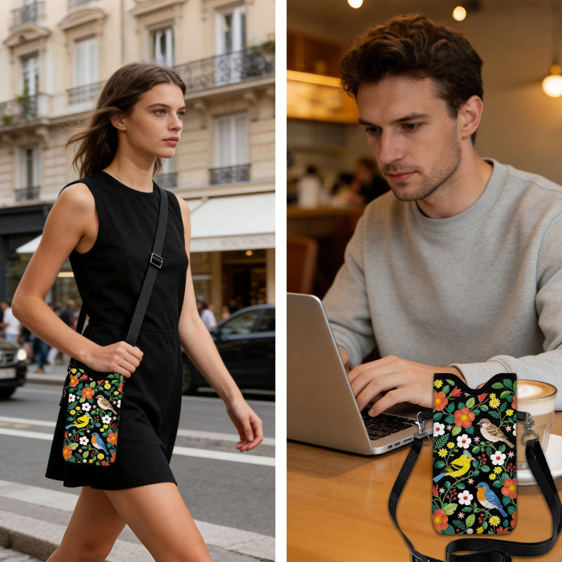 GLOBLELAND Flowers and Birds Cell Phone Sleeve Pouch Case Bag with Crossbody Strap Neck Lanyard for Women Men Flowers Birds