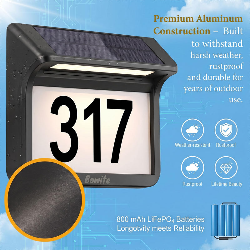 Solar House Numbers for Outside Light Up - 3000K/6000k 2 Modes, Aluminum Waterproof LED Lighted Address Signs for Houses, Solar Powered Wall-Mounted Illuminated Address Plaque for Yard Home