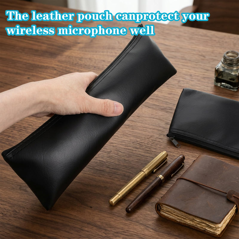 2 Pack Microphone Bags,12"X4" Black PU Leather Microphone Pouch | Portable Microphone Case for Wireless Mic Protector Mic Storage Bag Black Zipper Storage Pouches for Carrying