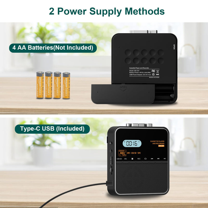 Cassette Tape Player Recorder, Cassette to MP3 Converter, Record to Cassettes/USB/SD Card, LCD Display, Power by USB C or AA Battery, Built-in Speaker, Headphone Jack and Mic Black