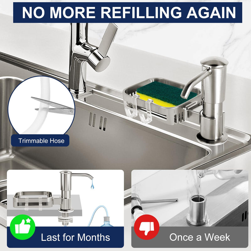 Soap Dispenser for Kitchen Sink, Built in Sink Soap Dispenser Pump with Sponge Holder, Brushed Nickel ABS Sink Dish Soap Dispensers Under Counter, with 39" Extension Tube Kit,No Refill Needed